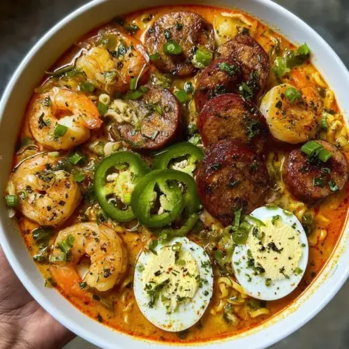 Delicious fiery shrimp and sausage ramen bowl, perfect for seafood lovers.