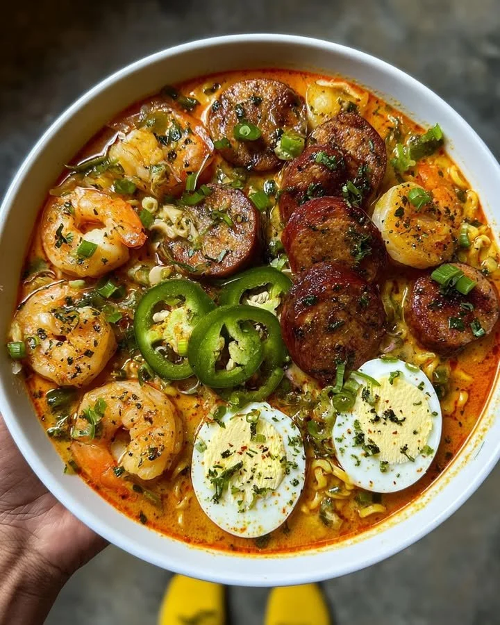Delicious fiery shrimp and sausage ramen bowl, perfect for seafood lovers.
