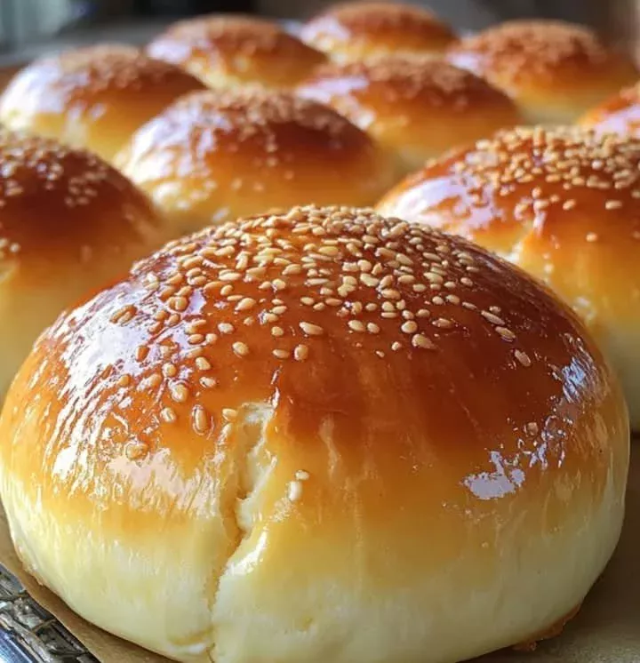 Freshly baked fluffy almond milk brioche rolls on a wooden table.