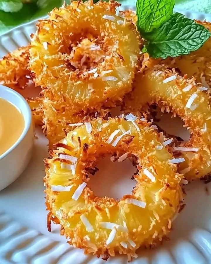 Delicious fried pineapple rings served with a rich coconut dip