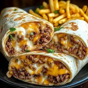 Delicious cheesy beef burritos served with crispy fries