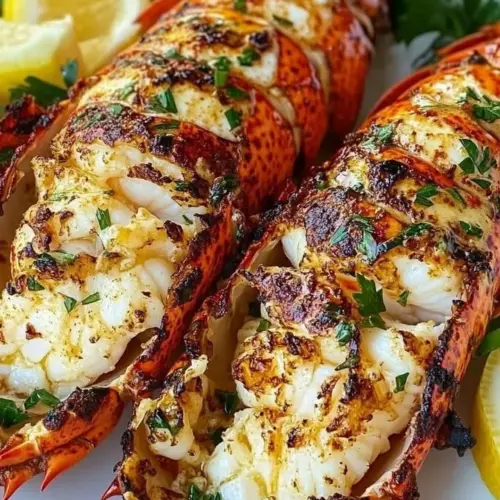 Garlic and herb grilled lobster tails on a plate, garnished with fresh herbs.