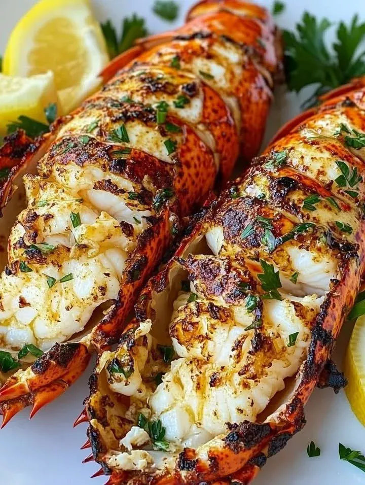 Garlic and herb grilled lobster tails on a plate, garnished with fresh herbs.