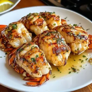 Grilled garlic buttered lobster tails served on a plate with lemon slices
