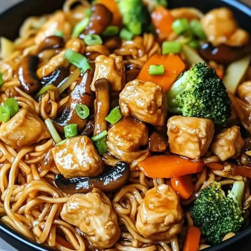 Dish of Garlic Chicken Lo Mein with fresh vegetables and savory sauce
