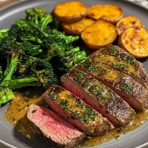 Garlic Herb Butter Steak served with fresh mixed vegetables