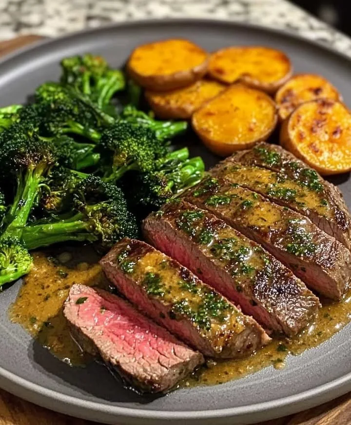Garlic Herb Butter Steak served with fresh mixed vegetables