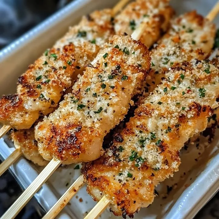 Garlic Parmesan Chicken Skewers garnished and ready to serve.
