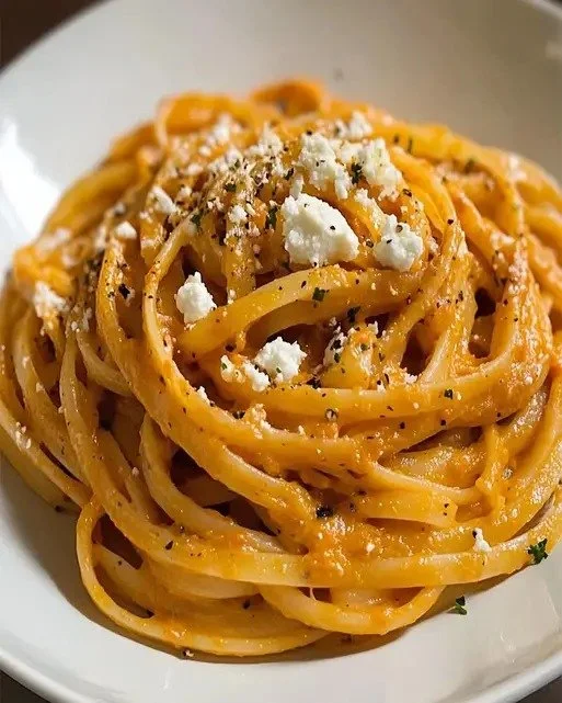 Delicious goat cheese linguine topped with grilled peppers served in a bowl