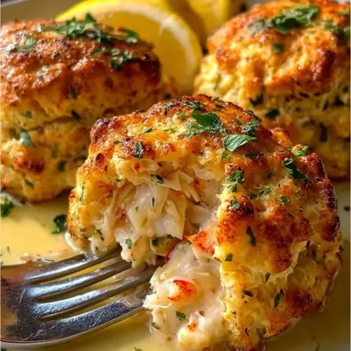 Golden crab cakes served with lemon butter sauce