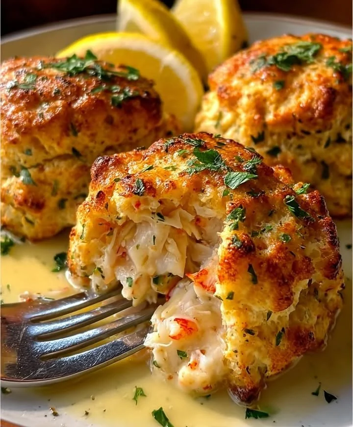Golden crab cakes served with lemon butter sauce
