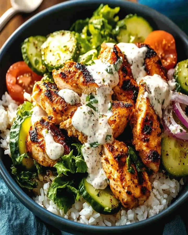 Delicious Greek Chicken Bowls topped with Creamy Tahini-Feta dressing.