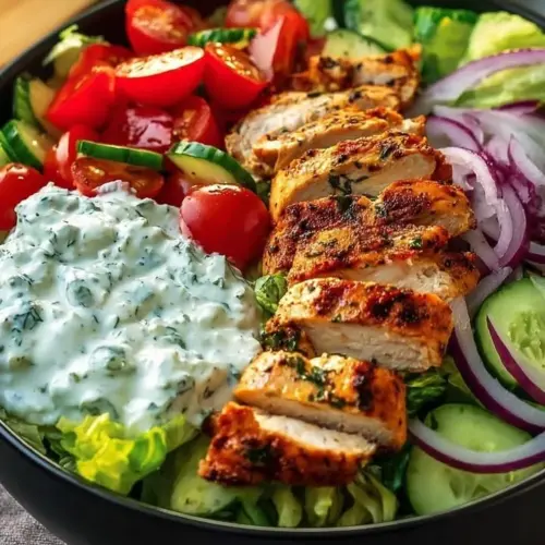 Greek Chicken Salad with Creamy Tzatziki served in a bowl