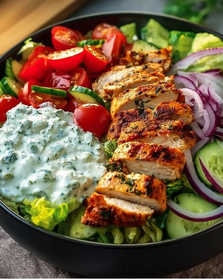 Greek Chicken Salad with Creamy Tzatziki served in a bowl
