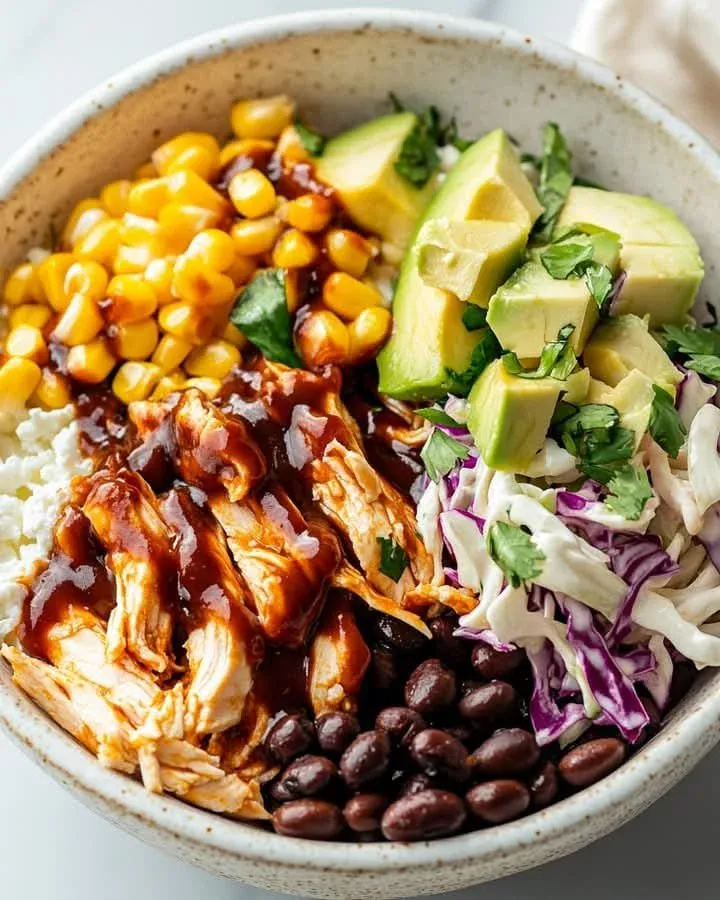 Delicious grilled BBQ chicken served in a cottage cheese bowl with fresh veggies