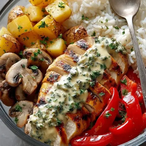 Grilled chicken bowl topped with fresh herbs and vegetables