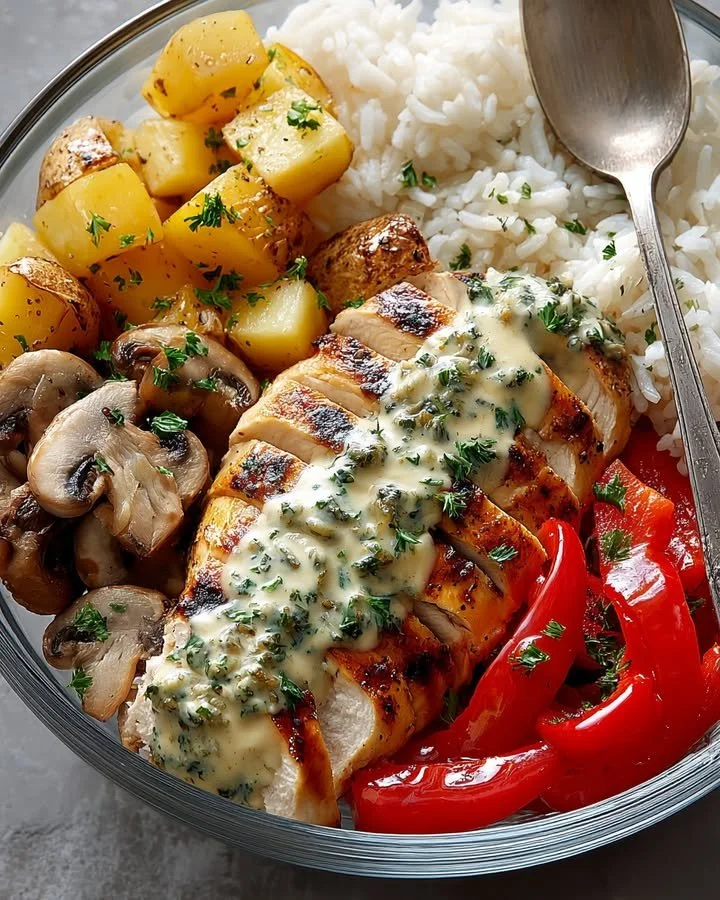 Grilled chicken bowl topped with fresh herbs and vegetables