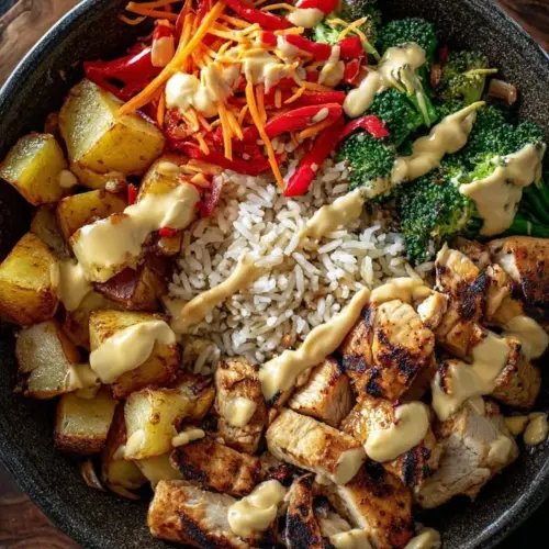 Delicious grilled chicken rice bowl with potatoes and fresh vegetables