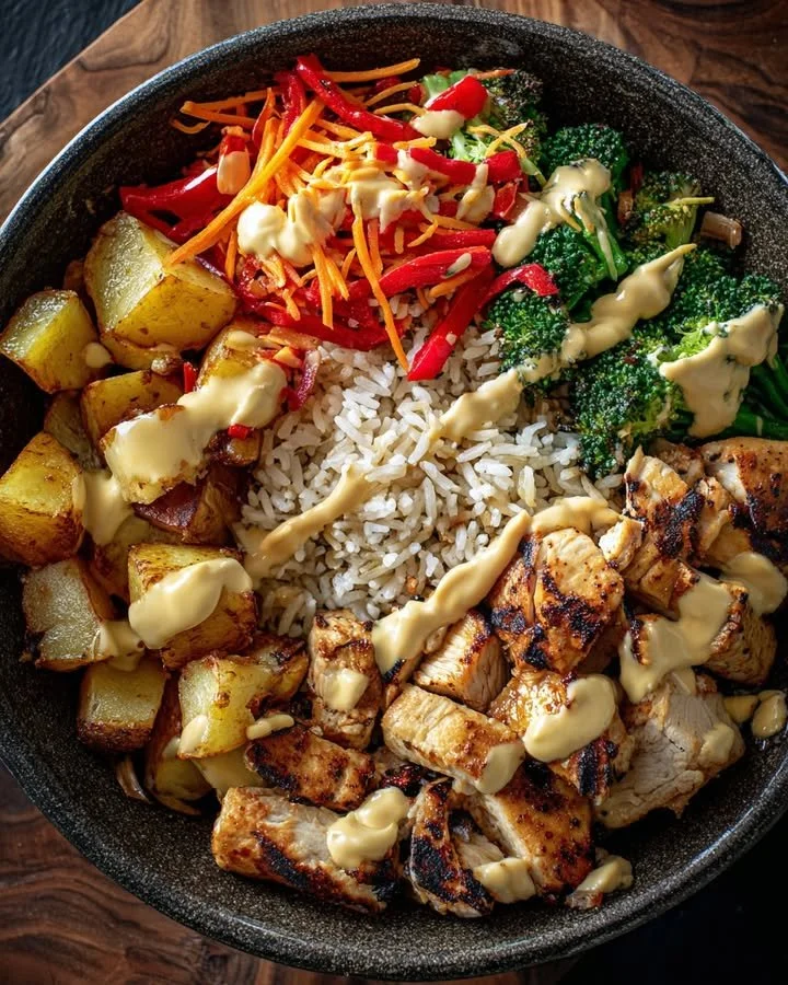 Delicious grilled chicken rice bowl with potatoes and fresh vegetables