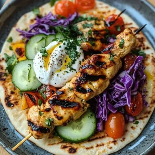 Grilled chicken souvlaki wrap with fresh vegetables and tzatziki sauce.