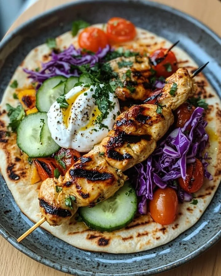 Grilled chicken souvlaki wrap with fresh vegetables and tzatziki sauce.