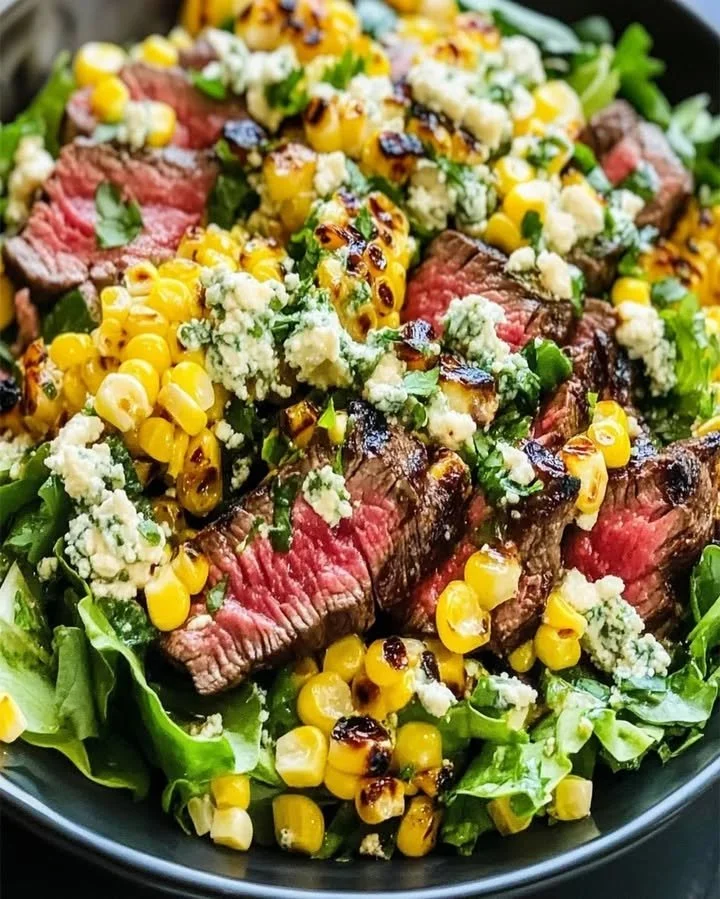 Grilled Corn and Gorgonzola Steak Salad served on a plate