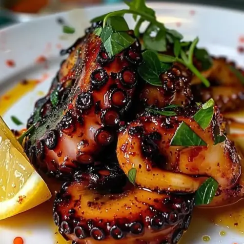 Delicious grilled octopus served with fresh herbs on a plate