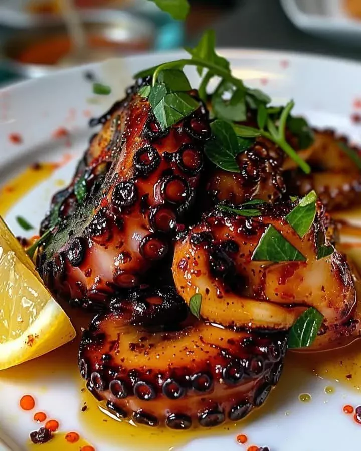 Delicious grilled octopus served with fresh herbs on a plate