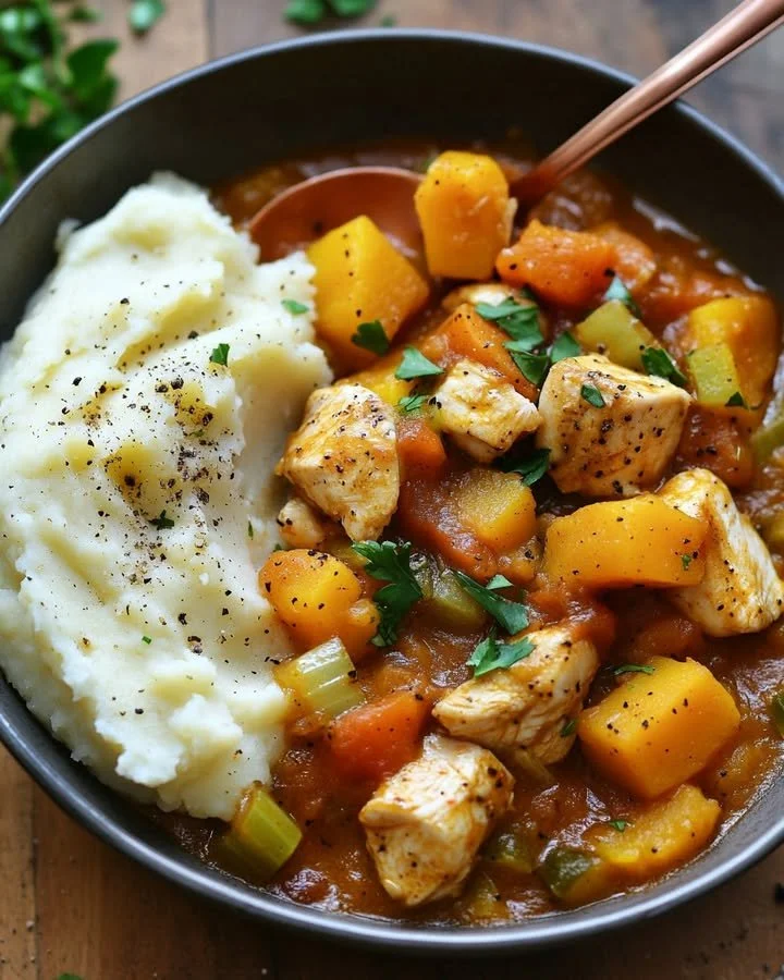 Delicious hearty chicken veggie stew with creamy mashed potatoes in a bowl