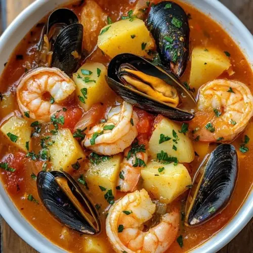 Bowl of hearty seafood stew with fresh ingredients and herbs
