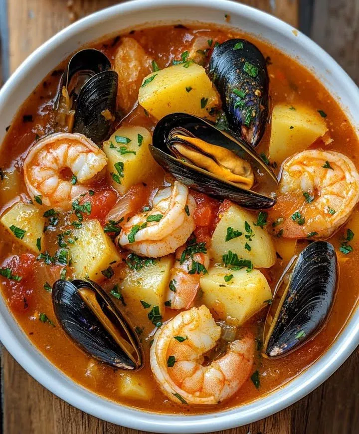 Bowl of hearty seafood stew with fresh ingredients and herbs