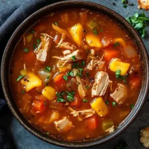 A bowl of hearty turkey leftover soup garnished with herbs