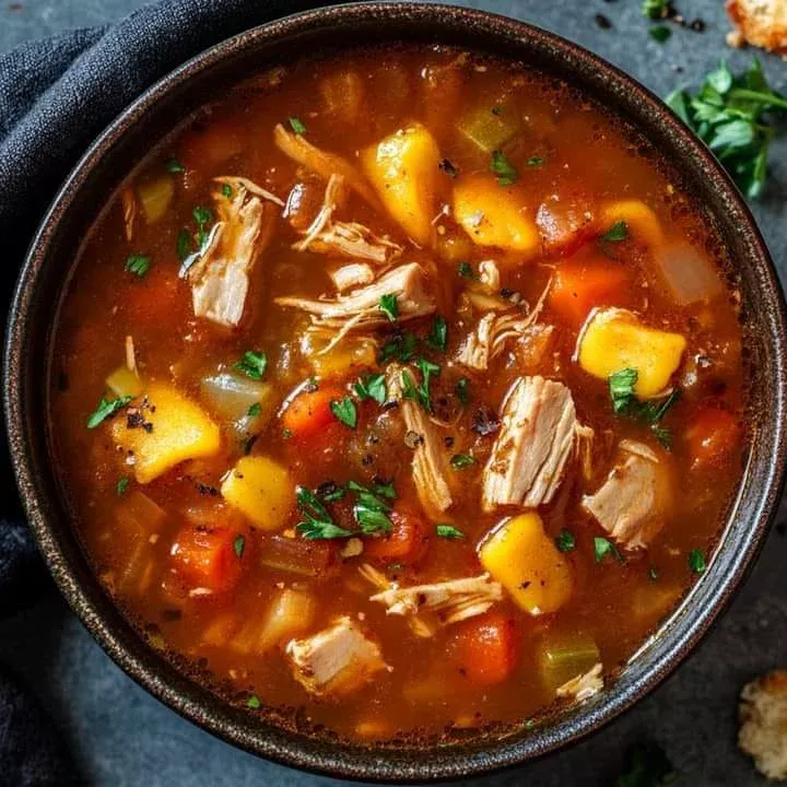 A bowl of hearty turkey leftover soup garnished with herbs