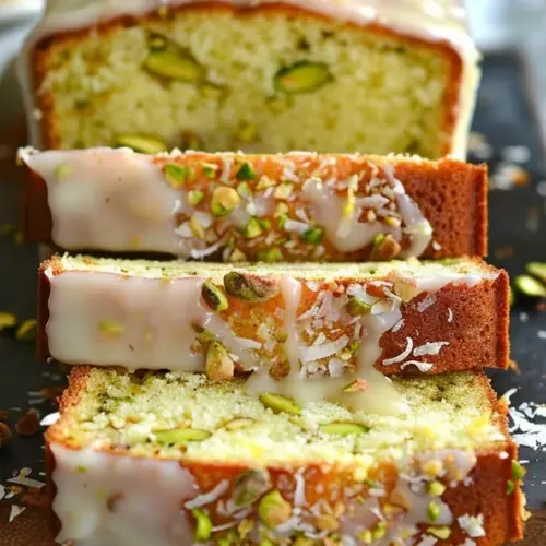 Heavenly Lemon Pistachio Coconut Cake with zesty lemon topping and pistachio garnish.