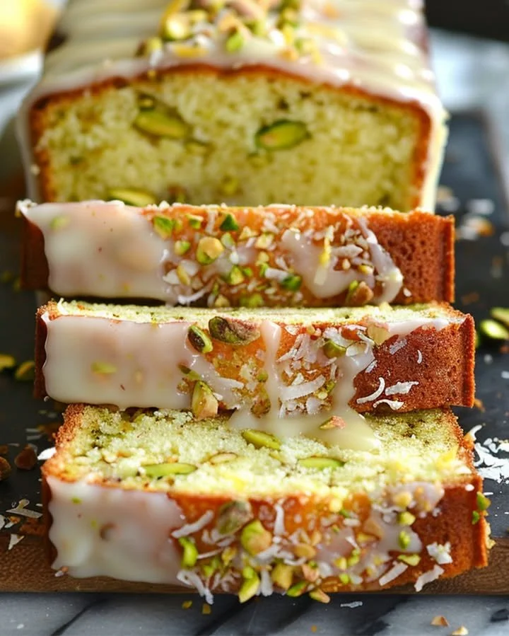 Heavenly Lemon Pistachio Coconut Cake with zesty lemon topping and pistachio garnish.