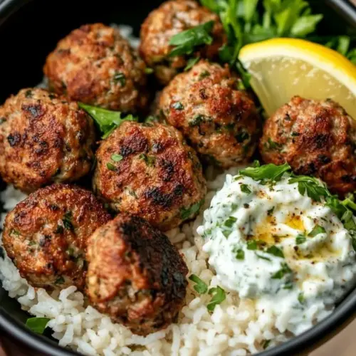 Plate of herbed meatballs with garlic rice and tzatziki sauce
