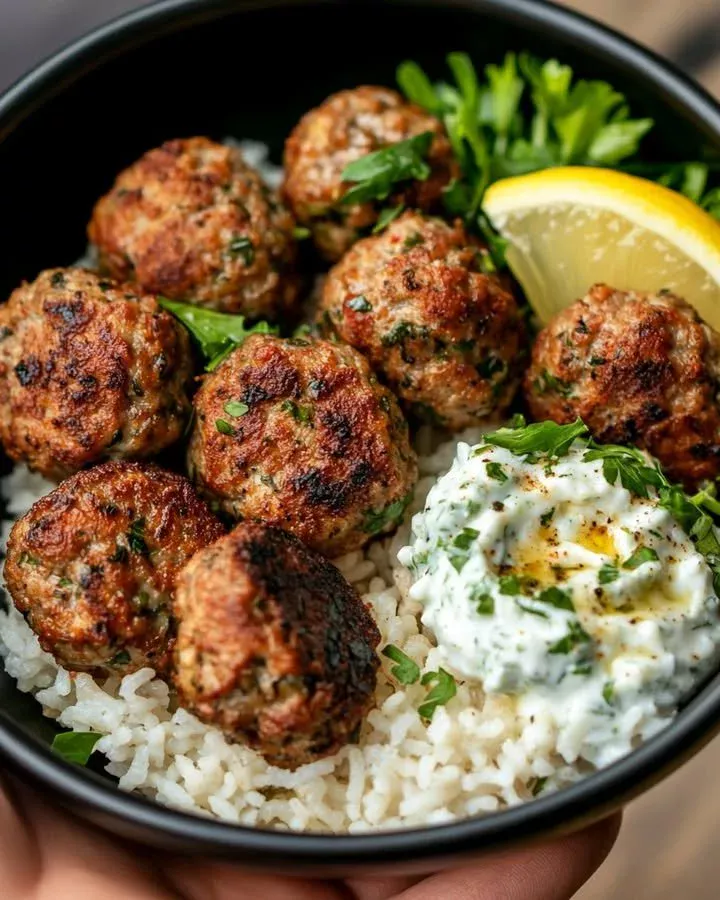 Plate of herbed meatballs with garlic rice and tzatziki sauce