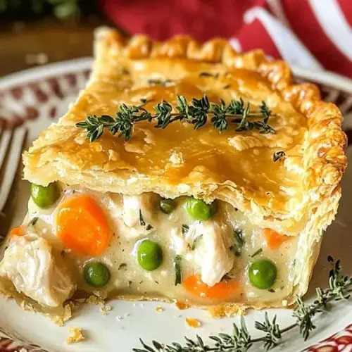 Homemade chicken pie for Thanksgiving dinner with flaky crust and savory filling