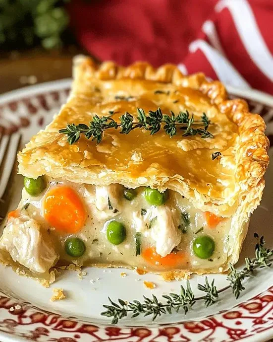 Homemade chicken pie for Thanksgiving dinner with flaky crust and savory filling