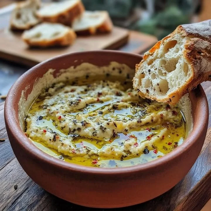 Delicious olive oil dip served with fresh bread for dipping