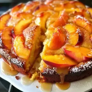 Delicious homemade peach cake with fresh peaches and whipped cream on a plate