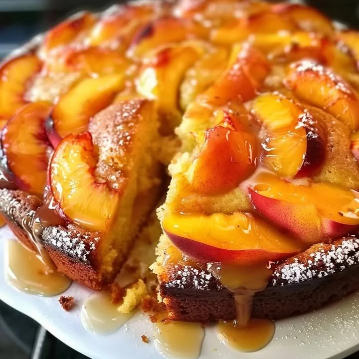 Delicious homemade peach cake with fresh peaches and whipped cream on a plate