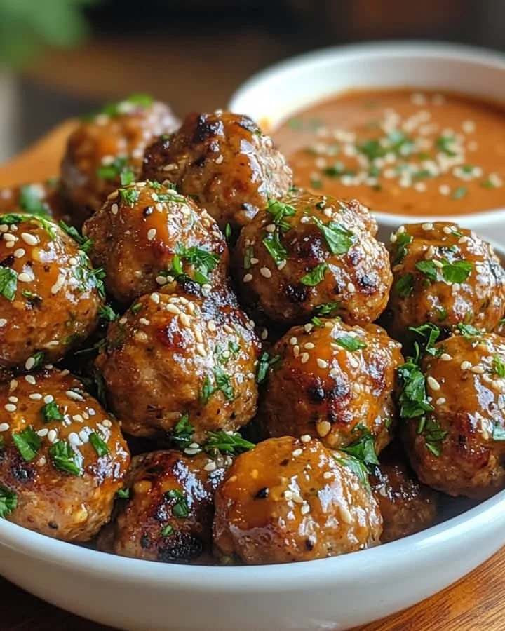 Korean BBQ Meatballs with spicy mayo drizzle on a platter