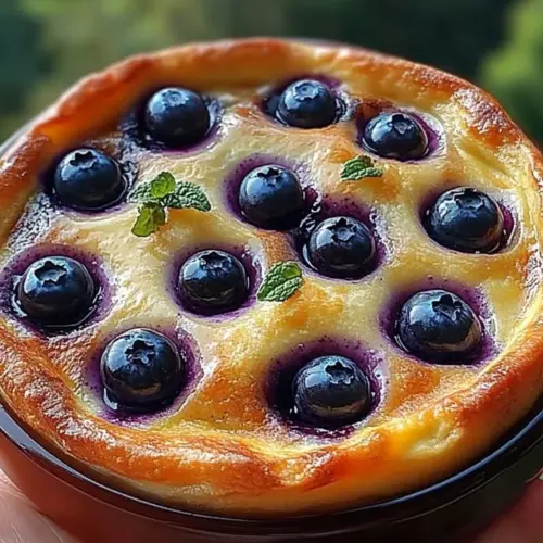 Lavender Blueberry Dutch Baby served with fresh berries and powdered sugar