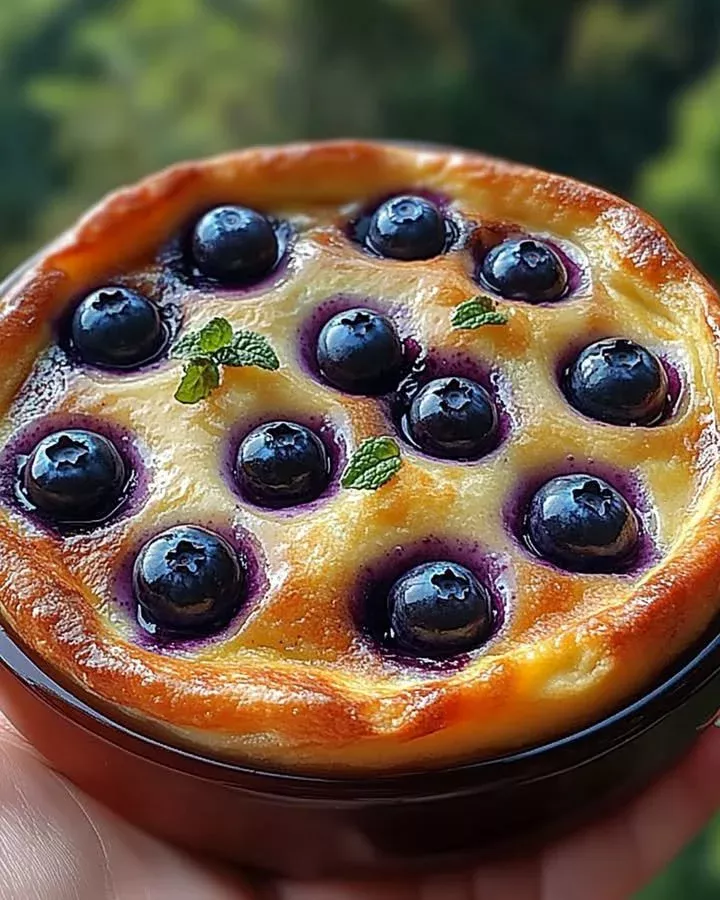 Lavender Blueberry Dutch Baby served with fresh berries and powdered sugar
