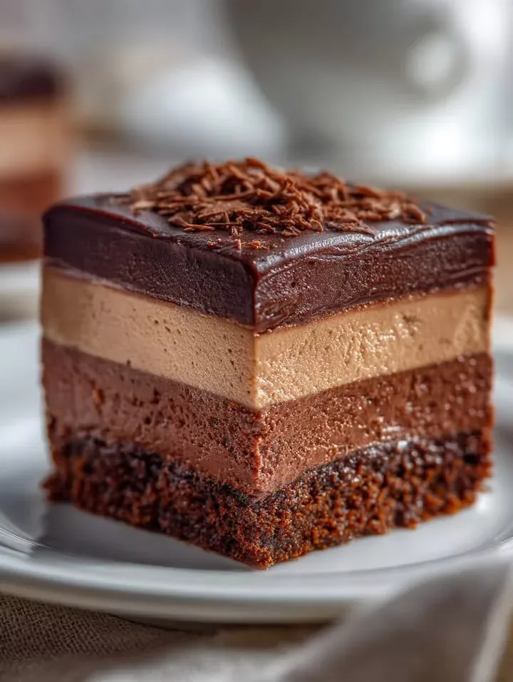 Layered chocolate fudge dessert topped with creamy chocolate and nuts