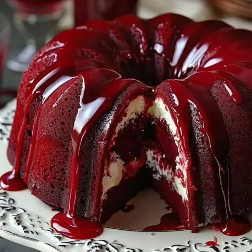 Delicious Layered Red Velvet Bundt Cheesecake with cream cheese frosting