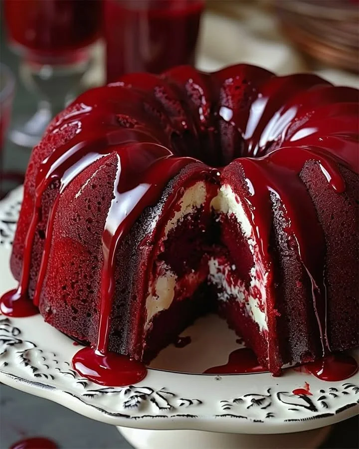 Delicious Layered Red Velvet Bundt Cheesecake with cream cheese frosting