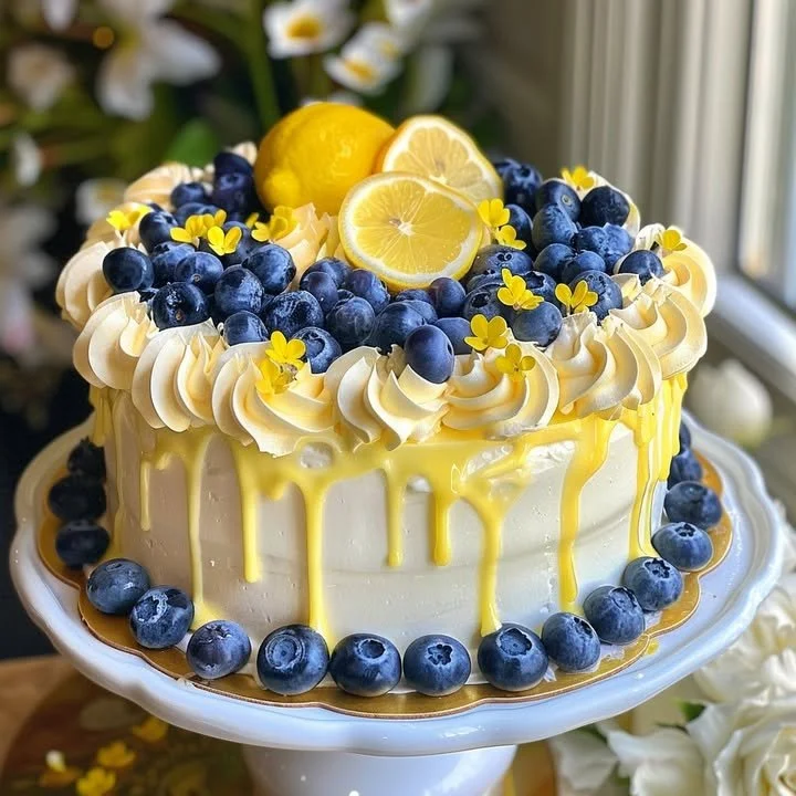 Delicious Lemon Blueberry Cheesecake topped with fresh blueberries and lemon zest