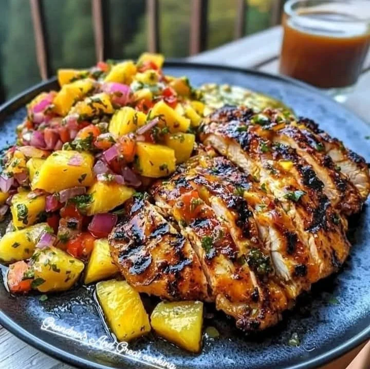 Plate of Lemon Ginger Chicken topped with fresh Pineapple Salsa